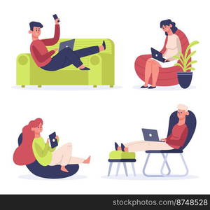 Freelance working people. Man lying on sofa, woman sitting on comfortable chair and working with laptop and tablet. Female and male characters working at home isolated vector set illustration. Freelance working people. Man lying on sofa, woman sitting on comfortable chair and working with laptop and tablet