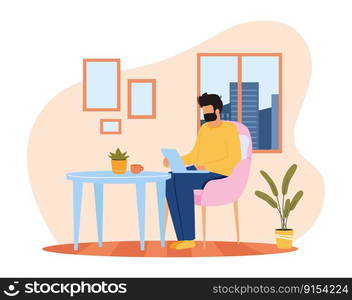 Freelance working person sitting at table with laptop. Man having online job. Remote occupation concept, freelancer having freedom to work at home. Male character with gadget in room vector. Freelance working person sitting at table with laptop. Man having online job. Remote occupation concept