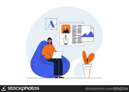 Freelance working web concept with character scene. Woman designer creating ui elements and works online. People situation in flat design. Vector illustration for social media marketing material.