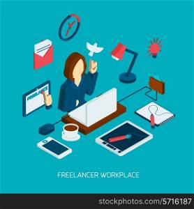 Freelance workplace isometric concept with freelancer laptop and business gadgets vector illustration