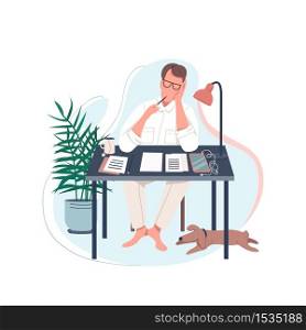 Freelance writer flat color vector faceless character. Man sit at desk. Male author write novel. Work at home. Creative hobby isolated cartoon illustration for web graphic design and animation. Freelance writer flat color vector faceless character