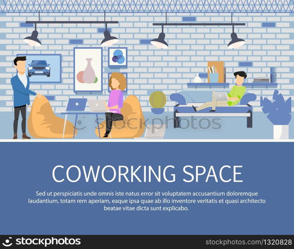 Freelancer Activity in Coworking Space Banner. Character Work, Rest and Study in Modern Open Area. Businesspeople Working by Laptop in Creative Shared Workplace. Flat Cartoon Vector Illustration. Freelancer Activity in Coworking Space Banner