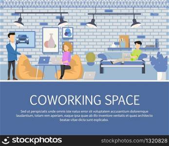 Freelancer Activity in Coworking Space Banner. Character Work, Rest and Study in Modern Open Area. Businesspeople Working by Laptop in Creative Shared Workplace. Flat Cartoon Vector Illustration. Freelancer Activity in Coworking Space Banner