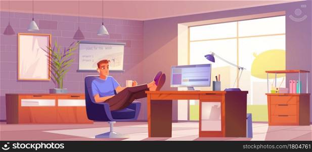 Freelancer at home office, relaxed man in earbuds with cup of coffee in hands wearing domestic clothes and slippers sitting with legs at desk. Cartoon vector workplace for freelance or outsource work. Freelancer at home office relaxed man at workplace