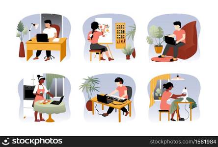 Freelancer at home. Work from house on quarantine concept, cartoon men and women sitting with laptop and working. Vector set illustrations what easy comfortable be home workin. Freelancer at home. Work from house on quarantine concept, cartoon men and women sitting with laptop and working. Vector set