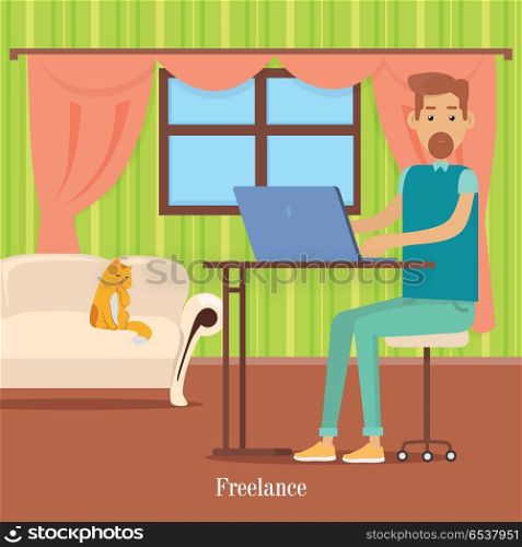 Freelancer at Work. Man with Beard Sit at Desk. Freelancer at work. Man with beard sit at desk and working on notebook computer. Workplace, make money online, e-business, concept. Man working on laptop computer. Illustration in flat style. Vector