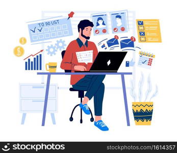 Freelancer. Cartoon man sitting and working on laptop. Modern home workplace. Remote multitasking job. Effective work at distance. Young male reading emails and SMM analysis. Vector flat illustration. Freelancer. Cartoon man sitting and working on laptop. Home workplace. Remote multitasking job. Effective work at distance. Young male reading emails and SMM analysis. Vector illustration