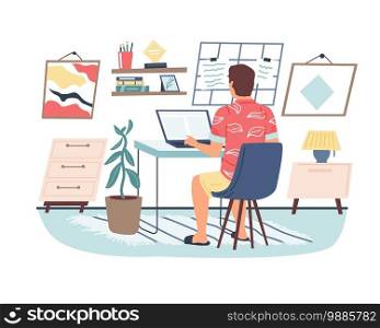 Freelancer. Cartoon young man working with laptop from home, online communication and business meeting. Isolated modern room interior with comfortable workplace. Vector minimal flat illustration. Freelancer. Cartoon young man working with laptop from home, online communication and business meeting. Modern room interior with comfortable workplace. Vector minimal illustration