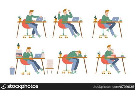 Freelancer character work on laptop. Vector set of flat illustrations of employee or office worker frustrated with pile of paperwork, with burnout, happy, angry, sleeping, and eating. Freelancer character work on laptop