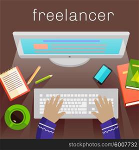 Freelancer, copywriter, journalist writing at the computer on the stylish colored background. Activity field of freelancer. Flat design cartoon style for web design, analytics, graphic design