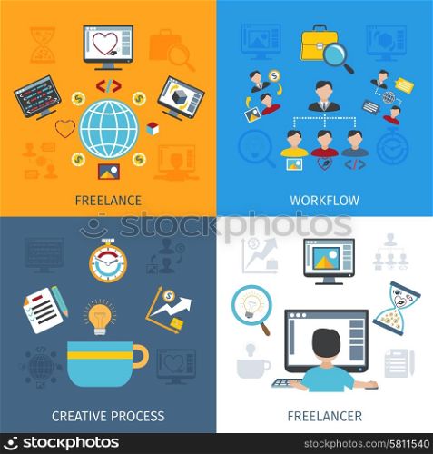 Freelancer design concept set with freelancer workflow and creative process flat icons isolated vector illustration. Freelancer Flat Set