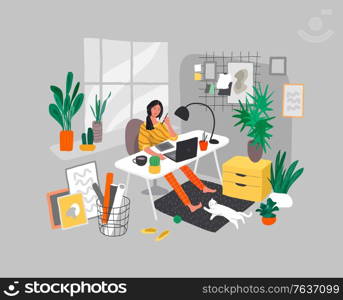 Freelancer designer girl working in nordic style home office with cat. Daily life and everyday routine scene by young woman in scandinavian style cozy interior with homeplants. Cartoon vector illustration.. Freelancer designer girl working in nordic style home office with cat. Daily life and everyday routine scene by young woman in scandinavian style cozy interior with homeplants. Cartoon vector