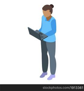 Freelancer girl icon isometric vector. Home work. Computer laptop. Freelancer girl icon isometric vector. Home work