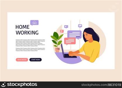 Freelancer girl working at home on laptop. Landing page. Online customer support, help desk concept and call center. Vector illustration in flat.