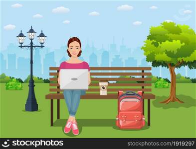 Freelancer happy young woman working on the bench in park with coffee. Vector illustration of girl sitting with computer and using laptop studying or doing network in flat style.. Freelancer happy young woman working
