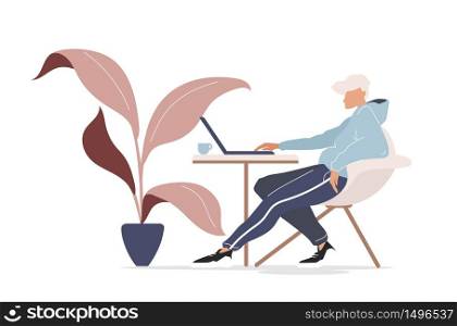 Freelancer in cafe flat color vector faceless character. Guy in trendy clothes working and drinking tea. Person with laptop isolated cartoon illustration for web graphic design and animation. Freelancer in cafe flat color vector faceless character