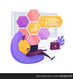 Freelancer in comfortable workplace. Businessman in coworking zone. Man studying, person working, developer with laptop. Blogger sitting casually. Vector isolated concept metaphor illustration.. Freelancer in comfortable workplace vector concept metaphor