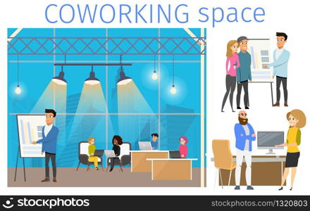 Freelancer in Coworking Business Space Banner. Smiling Young Character Working by Laptop, Making Presentation, Talking, Meeting in Creative Open Freelance Area. Flat Cartoon Vector Illustration. Freelancer in Coworking Business Space Banner