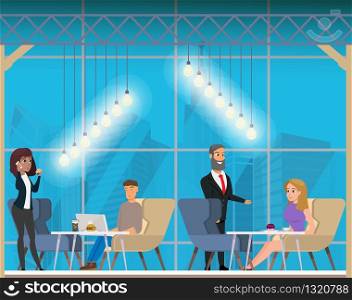 Freelancer in Creative Office Coworking Center. Shared Modern Workplace. University Campus. Character Talking and Working at Computer in Open Space. Flat Cartoon Vector Illustration. Freelancer in Creative Office Coworking Center