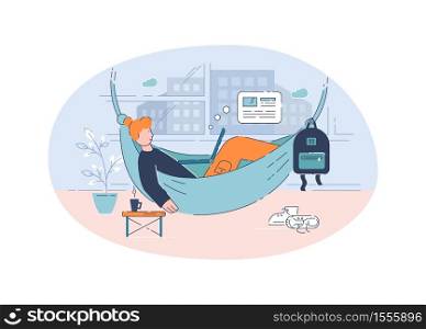 Freelancer in hammock semi flat vector illustration. Company employee working from home 2D cartoon character for commercial use. Comfortable workplace, professional freelance occupation. Freelancer in hammock semi flat vector illustration