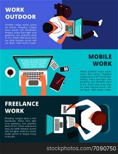 Freelancer journalist working at laptop. Home work, business writing and freelance vector banners. Journalist with laptop, business work office for freelance illustration. Freelancer journalist working at laptop. Home work, business writing and freelance vector banners