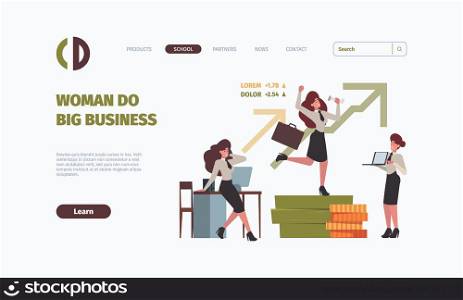 Freelancer landing. Woman in office workspace with laptop garish vector web page template with place for text. Illustration of office woman at workspace doing business. Freelancer landing. Woman in office workspace with laptop garish vector web page template with place for text