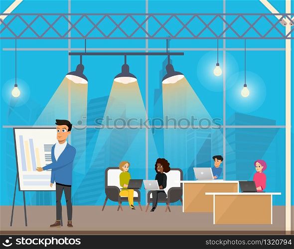 Freelancer Making Presentation in Shared Workplace. Male Character Standing near Flip Board in Creative Modern Open Space. Man and Woman Talking, Working at Computer. Flat Cartoon Vector Illustration. Freelancer Making Presentation in Shared Workplace