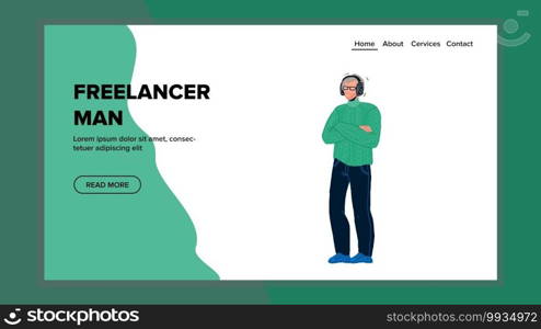 Freelancer Man Staying With Crossed Arms Vector. Freelancer Man Wearing Glasses Listening Music In Headphones. Character Businessman With Earphones Gadget Web Flat Cartoon Illustration. Freelancer Man Staying With Crossed Arms Vector