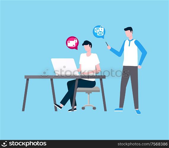 Freelancer man working in team with colleague vector. People thinking on project, security of transactions, coders by laptop with locked messages icon. Freelancer Man Working with Colleague Developers