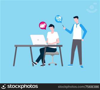 Freelancer man working in team with colleague vector. People thinking on project, security of transactions, coders by laptop with locked messages icon. Freelancer Man Working with Colleague Developers