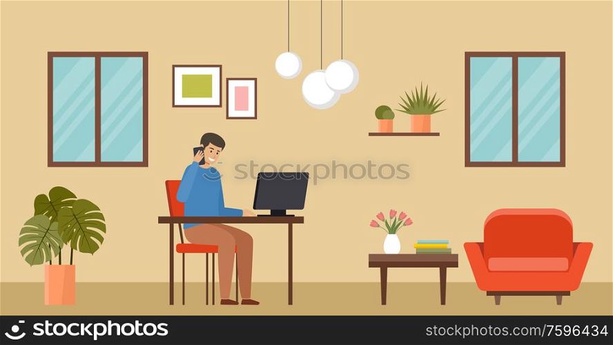 Freelancer man works at home. Vector flat illustration.