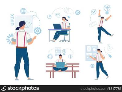 Freelancer, Modern IT Company Employee Daily Work Isolated, Trendy Flat Vector Concepts Set. Young Man Character Working on Project at Laptop, Calling Clients, Excited Because Good Idea Illustrations