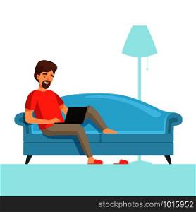 Freelancer on sofa. Happy smile work guy on comfortable bed with laptop vector cartoon picture. Illustration of freelancer with computer. Freelancer on sofa. Happy smile work guy on comfortable bed with laptop vector cartoon picture
