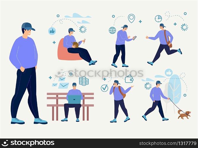Freelancer or Student Daily Routine Trendy Flat Vector Concepts Set. Young Man Character Working on Laptop, Eating in Cafe, Walk with Pet, Using Cellphone, Hurrying in Business Isolated Illustrations