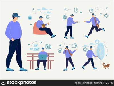 Freelancer or Student Daily Routine Trendy Flat Vector Concepts Set. Young Man Character Working on Laptop, Eating in Cafe, Walk with Pet, Using Cellphone, Hurrying in Business Isolated Illustrations