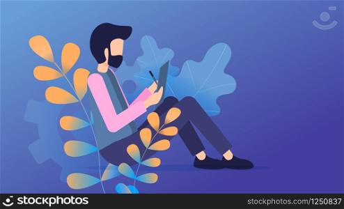 Freelancer Sit use Tablet Online Communication. Social Media Chatting. Man Hold Notebook Write Draw Chat. Bearded Character. Professional Employee. Flat Cartoon Vector Illustration. Freelancer Sit use Tablet Online Communication