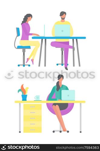 Freelancer sitting by desk at home vector, lady with tea cup and plant on table. People in office typing on laptops and computers, secretary flat style. People Working in Office, Woman at Home Freelancer