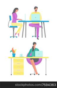 Freelancer sitting by desk at home vector, lady with tea cup and plant on table. People in office typing on laptops and computers, secretary flat style. People Working in Office, Woman at Home Freelancer
