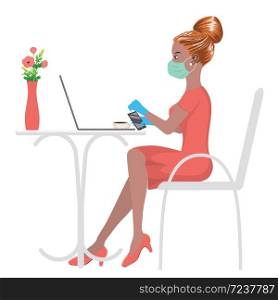 Freelancer, student or business woman in mask sitting on a chair and working on laptop in cafe or from home.