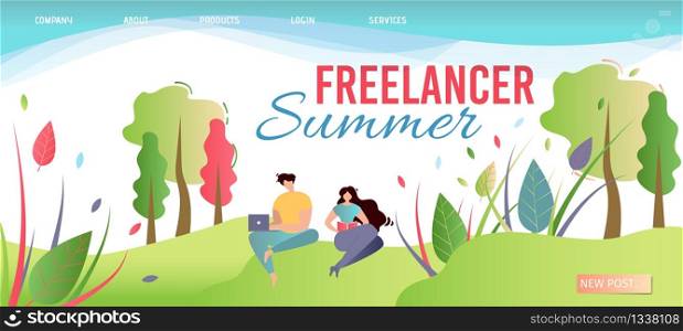 Freelancer Summer Landing Page. Offer Work Anywhere. Cartoon Man Types Laptop, Woman Makes Notes in Notebook or Reads Book on Nature. Summer Time Leisure in Park. Distant Job. Vector Flat Illustration. Freelancer Summer Landing Page Offer Work Anywhere