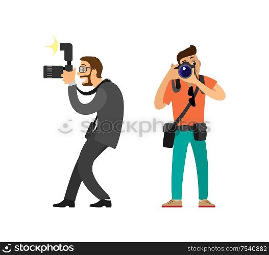 Freelancer taking photos and journalist in glasses wearing suit vector illustrations. Photographer and paparazzi, modern cameras with flash light gear. Freelancer Photographer Paparazzi, Digital Cameras