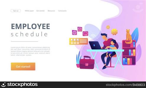 Freelancer with child working on laptop. Parent working with son. Home office. Remote worker, employee schedule, flexible schedule concept. Website homepage landing web page template.. Remote worker concept landing page