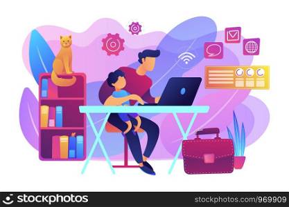 Freelancer with child working on laptop. Parent working with son. Home office. Remote worker, employee schedule, flexible schedule concept. Bright vibrant violet vector isolated illustration. Remote worker concept vector illustration