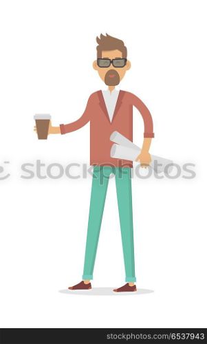 Freelancer with Cup of Coffee and New Project Isolated. Freelancer with cup of coffee and new project isolated. Modern architect. Man with beard. Make money business concept. Successful businessman. Young person in stylish apparel. Handsome guy. Vector