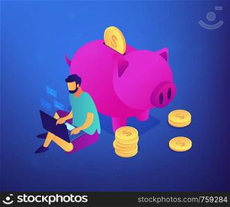 Freelancer with laptop working remotely online and piggy bank with golden coins. Online jobs, remote workplace jobs, internet earning concept. Ultraviolet neon vector isometric 3D illustration.. Online jobs isometric 3D concept illustration.