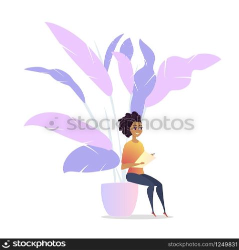 Freelancer Woman Character Chill Lounge Space. Office Afro American Worker Rest in Plant Comfortable Interior Isolated on White Background. Female Note to Paper Flat Cartoon Vector Illustration. Freelancer Woman Character Chill Lounge Space