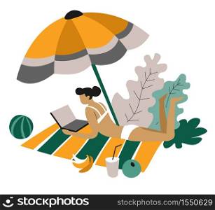 Freelancer woman on blanket with laptop distant work isolated female character in swimsuit under parasol with banana and drink beach resort or recreation and mobile business or job. Freelancer woman on blanket with laptop distant work isolated character