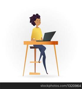 Freelancer Woman Working by Computer on Table. Successful Female Character Sitting on High Chair or Stool. Young Calm Freelance Worker with Laptop on Desk. Flat Cartoon Vector Illustration. Freelancer Woman Working by Computer on Table