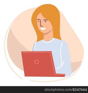 Freelancer woman working on laptop completing project or task. Student studying online, lady watching video corse or attending classes. Employee or employer at home office, vector in flat style. Female character working on laptop, freelancer