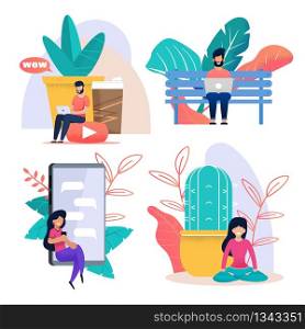 Freelancer Work and Rest Flat Cartoon Metaphor Set. Bearded Man Sitting and Typing on Laptop or Watching Video Tutorial. Woman Chatting Socia Network on Phone or Meditating. Vector Illustration. Freelancer Work and Rest Flat Cartoon Metaphor Set